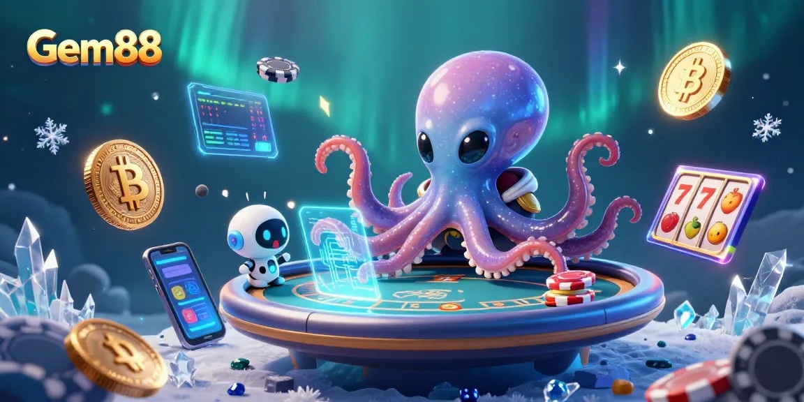 Gem88 showcases a lively 3D casino scene with an alien octopus at a poker table.
