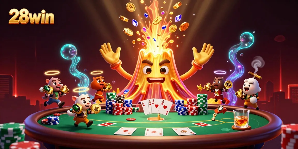 Experience thrilling wins with 28win's vibrant casino scene featuring treasures, poker elements, and explosive excitement.