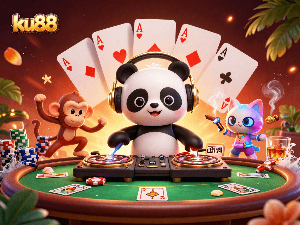 Experience excitement with ku88 as a DJ panda spins on roulette turntables amidst colorful poker elements.