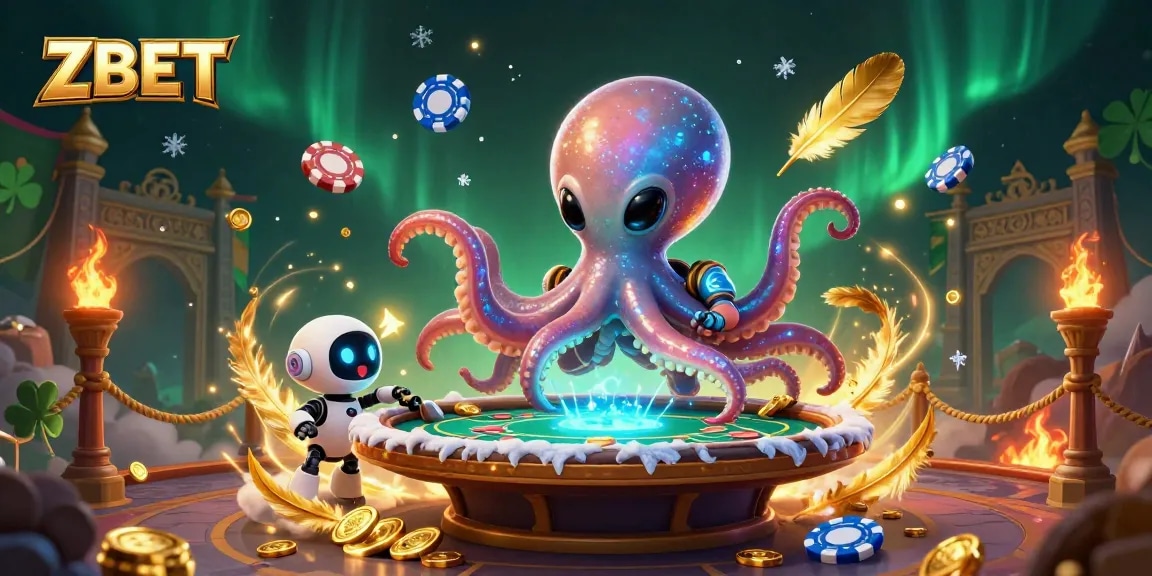 ZBET showcases an energetic alien octopus at a poker table with exciting atmosphere elements in a celestial setting.