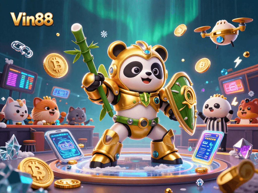 Experience thrilling gameplay at Vin88 with a dynamic mech-suit panda in a vibrant casino arena.