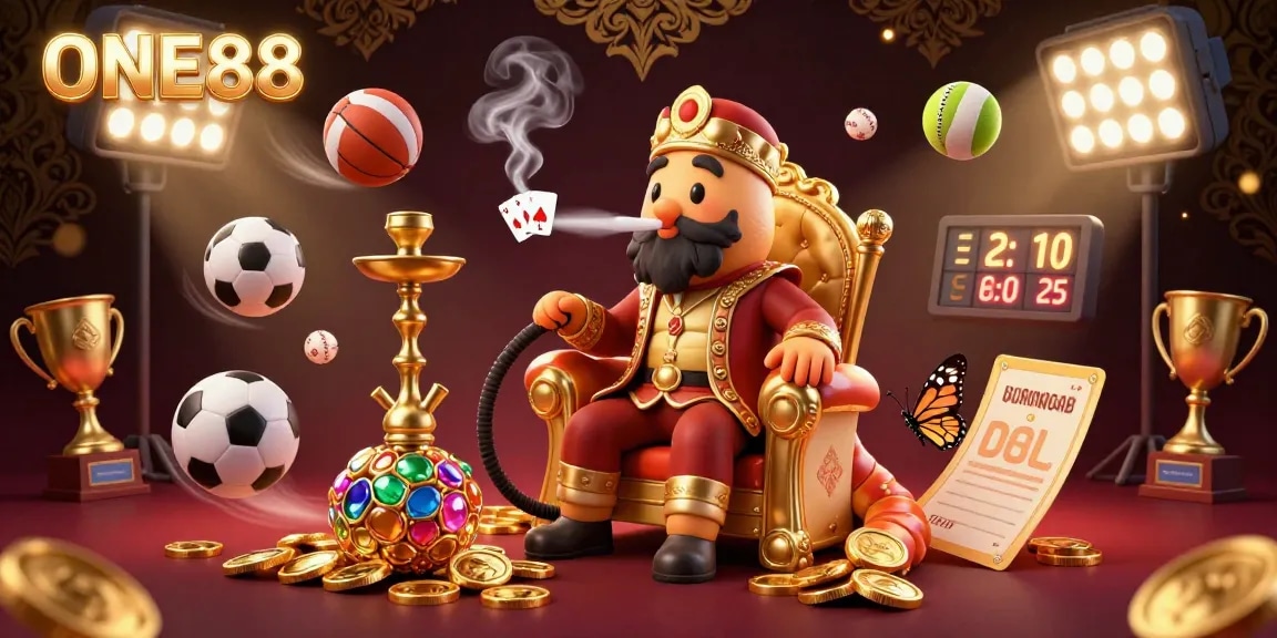 Experience thrilling poker action at ONE88 with a vibrant 3D casino illustration showcasing dynamic sports elements.