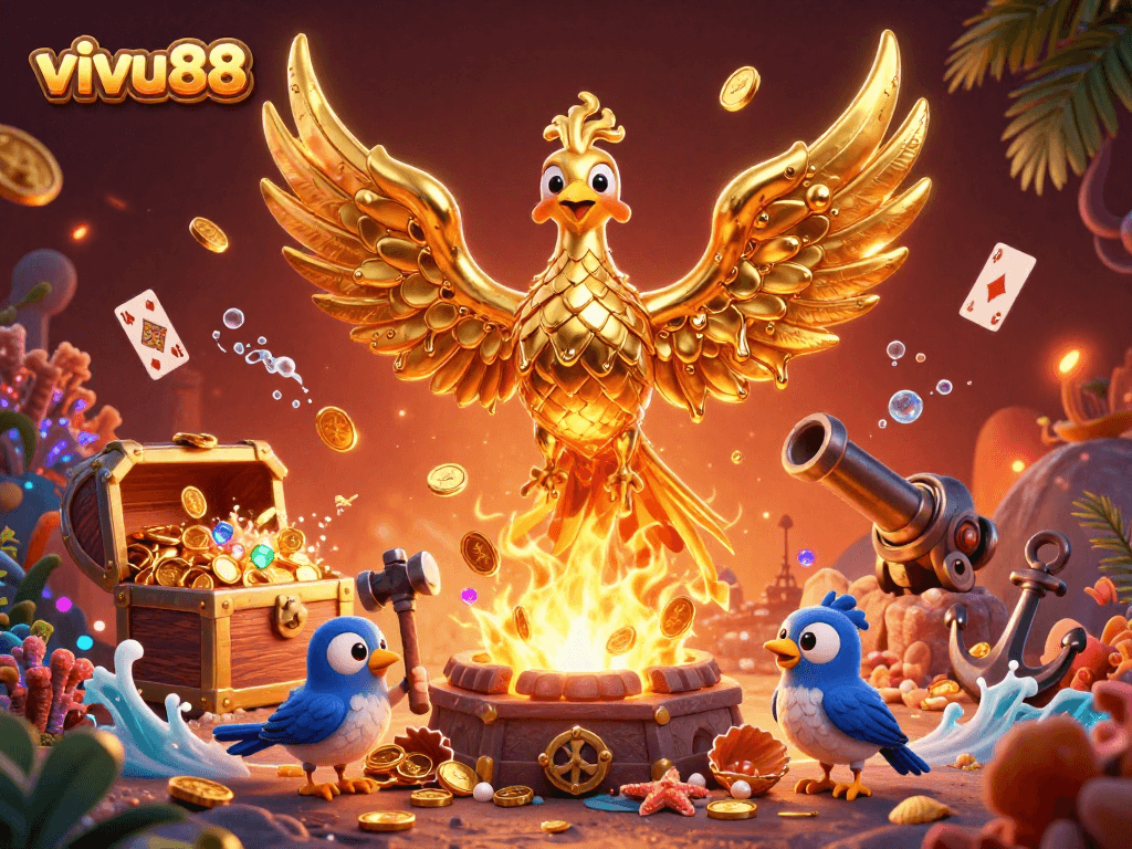 Experience the thrill of vivu88 as a molten gold phoenix and sparrows celebrate jackpots with colorful treasures.