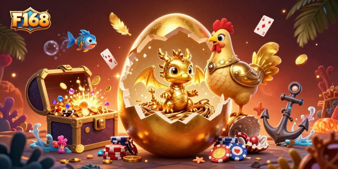 Experience F168's vibrant gaming universe with a golden dragon on poker chips, embodying excitement!