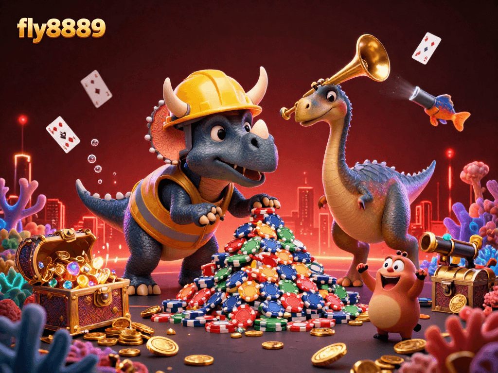 Join the excitement of fly8889 with a vibrant 3D casino scene featuring playful dinosaur characters building poker chips.