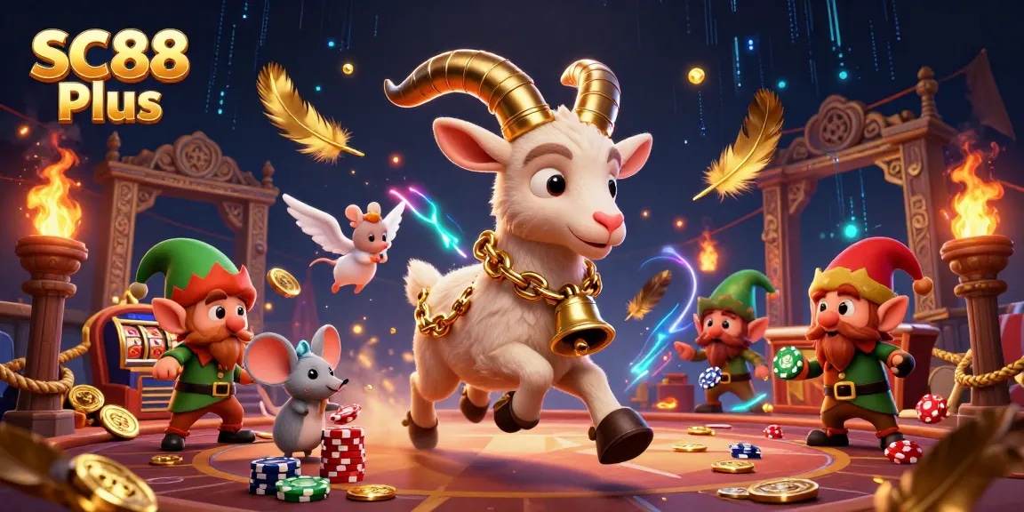 Experience SC88 Plus excitement with a 3D casino scene featuring festive characters and thrilling game elements.