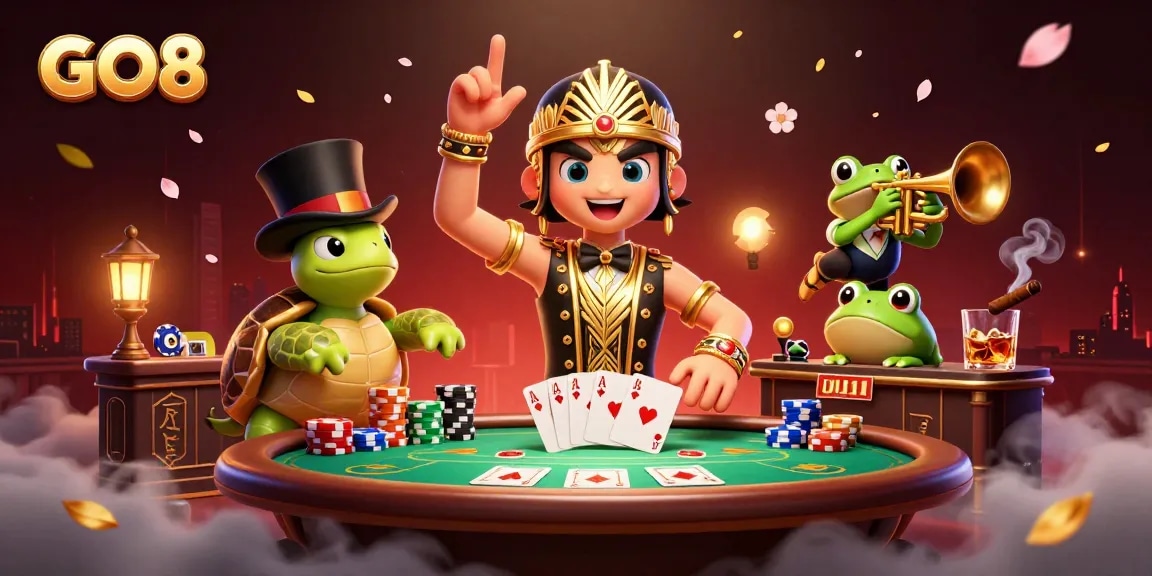 Join the fun at GO8 with lively characters at a vibrant speakeasy, showcasing poker strategies.
