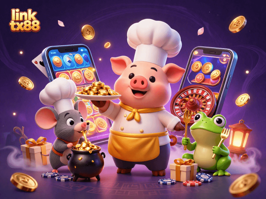 Experience excitement with link tx88, featuring dynamic casino characters among vibrant game elements.
