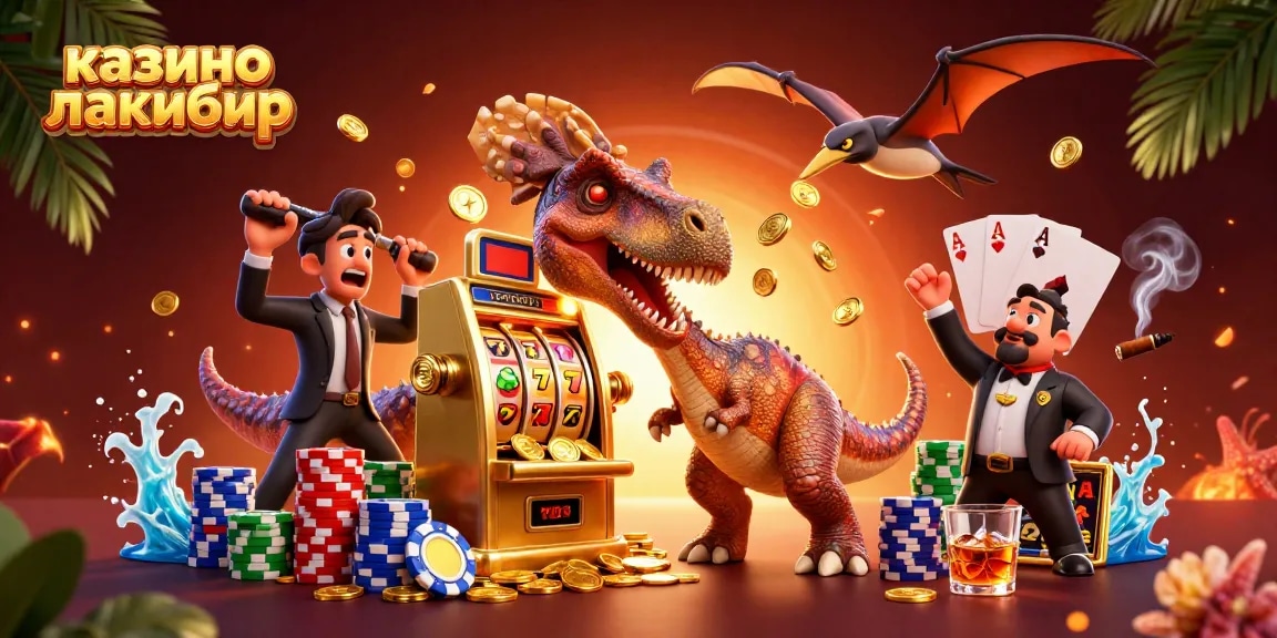 Experience jackpot excitement at казино лакибир with a dynamic scene featuring a dinosaur winning coins.