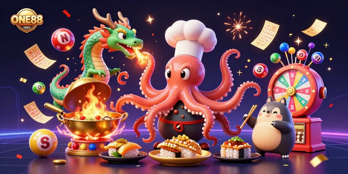 Experience the excitement of ONE88 with a whimsical lottery-themed scene featuring an octopus chef and a dragon.