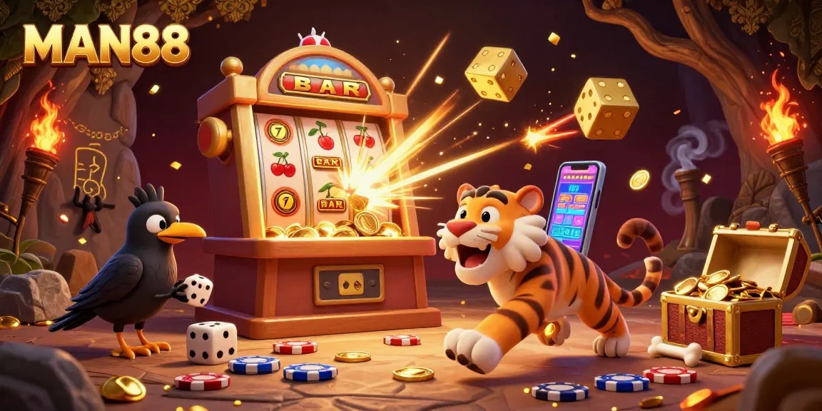 Experience the excitement of MAN88 with our unique prehistoric casino scene, featuring slot machines, dice, and dynamic gaming elements.