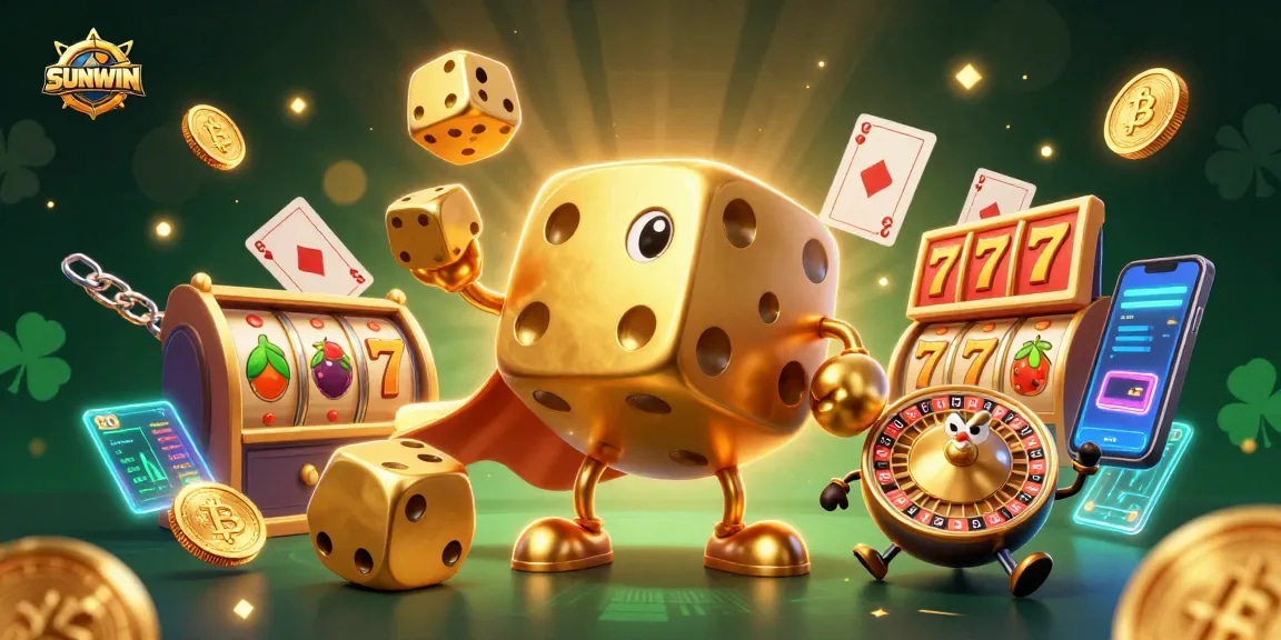 SUNWIN offers an engaging gaming experience, featuring vibrant slot elements with golden dice and crypto coins.