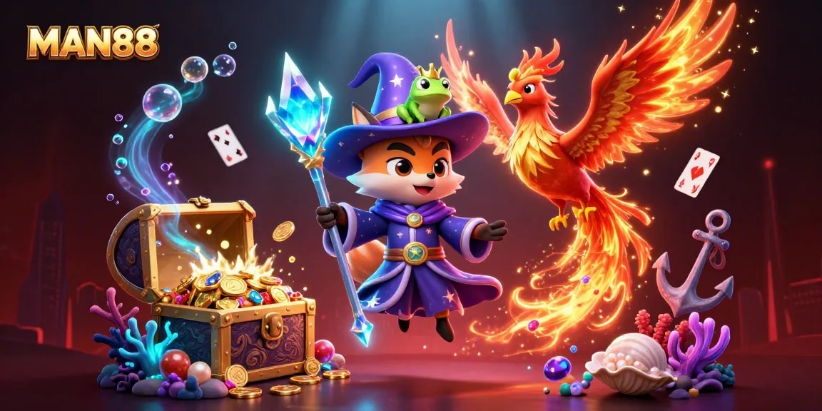 Experience the thrill of winning big at MAN88 with a vibrant scene of a wizard fox and phoenix amidst treasure and fireworks.