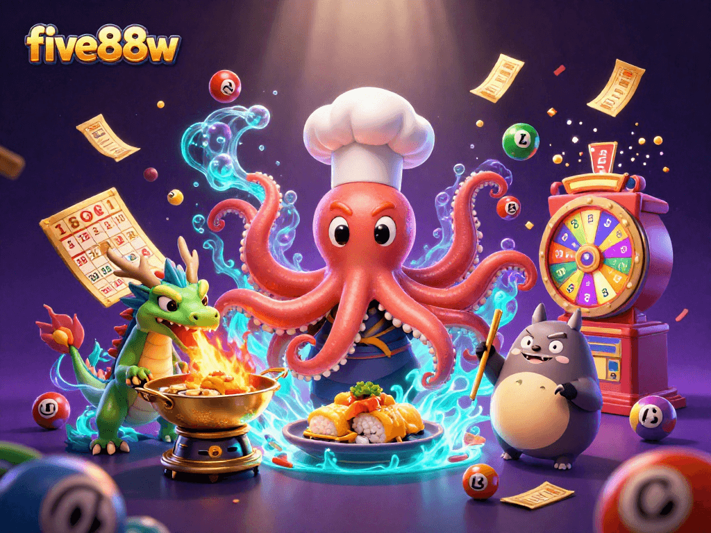 Experience five88w’s dynamic gaming scene with vibrant lottery elements and captivating characters.