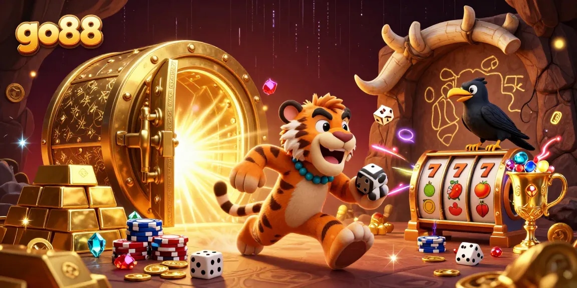 go88 captivates players in a vibrant prehistoric casino scene filled with treasure and energy