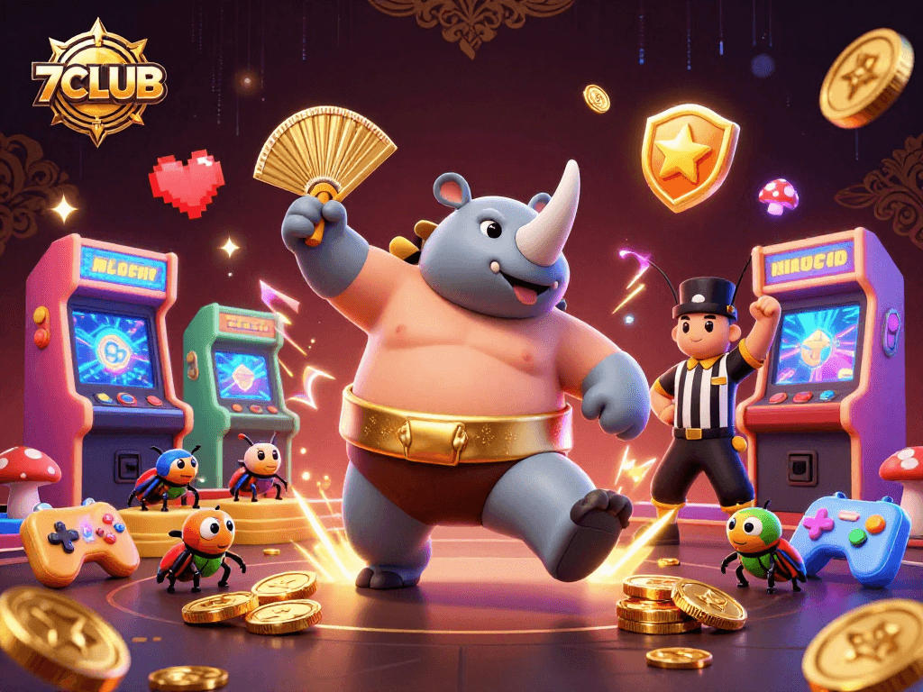 Watch 7CLUB's beetle champion stomp coins while gaming elements create a vibrant casino atmosphere.