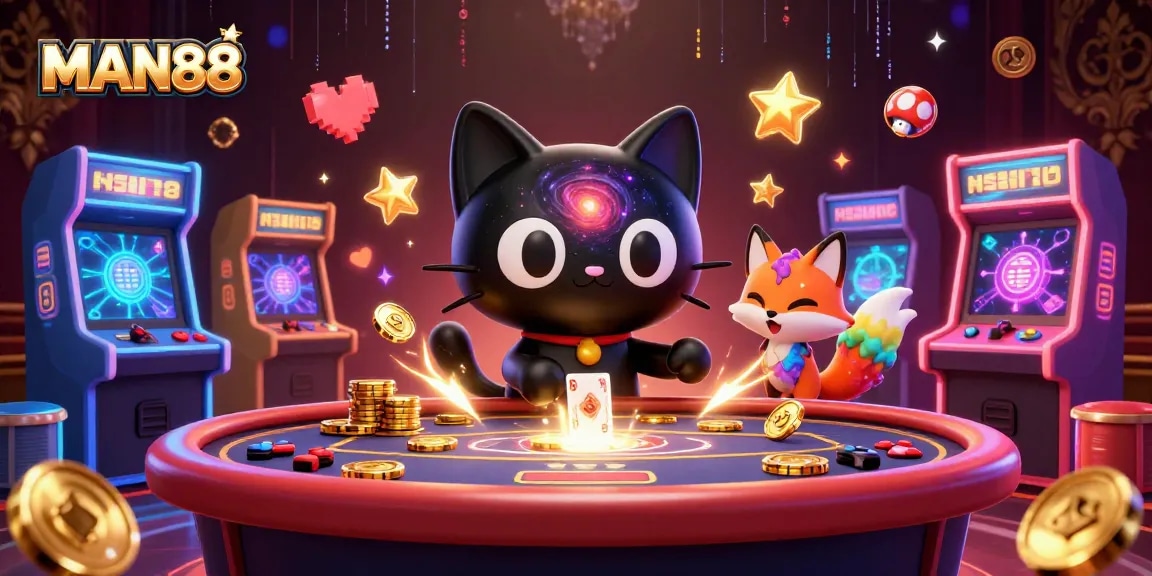 Engage with the cosmic casino adventure at MAN88, where a black hole cat draws in chips and cards among glowing arcade machines.