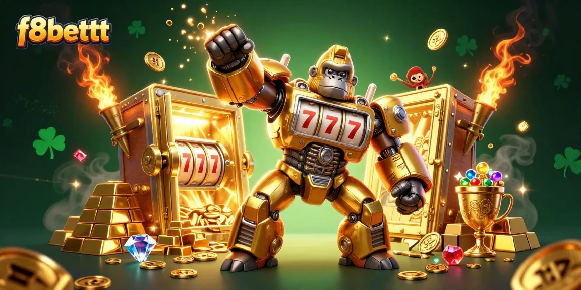 Experience exhilarating wins at f8bettt with this 3D illustration featuring a golden gorilla mech and slot machines.