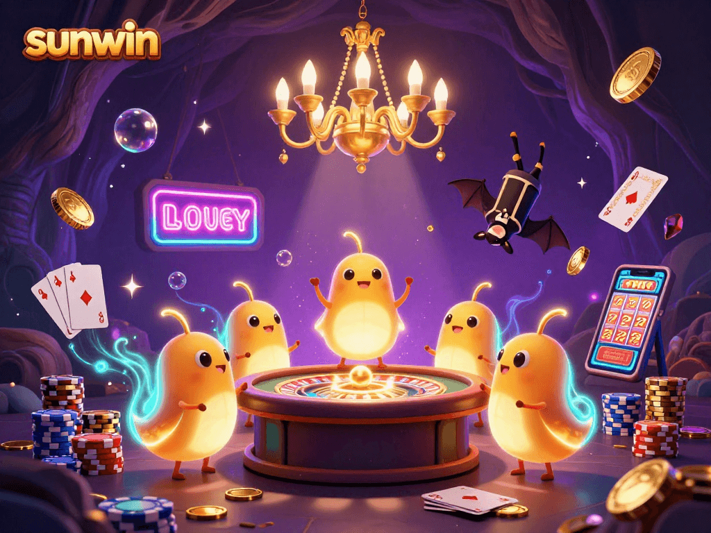 Experience the thrill of sunwin with glowworms lighting up a vibrant cave casino scene.