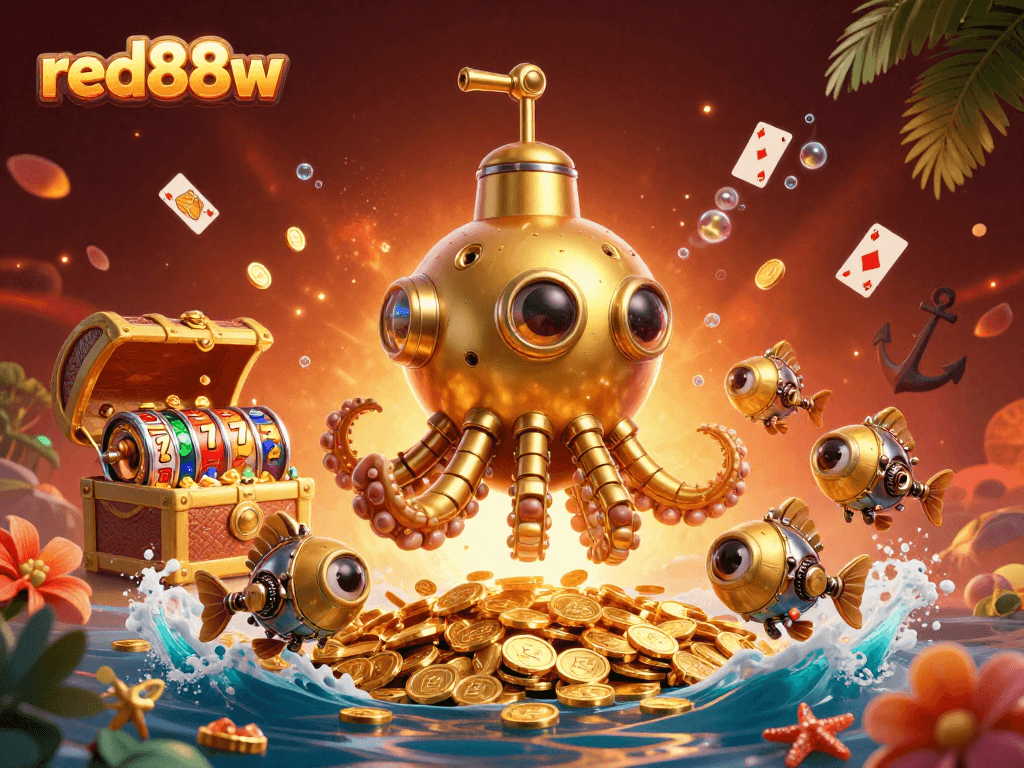 Engage in thrilling casino action with red88w in a vibrant underwater scene filled with treasure and excitement.
