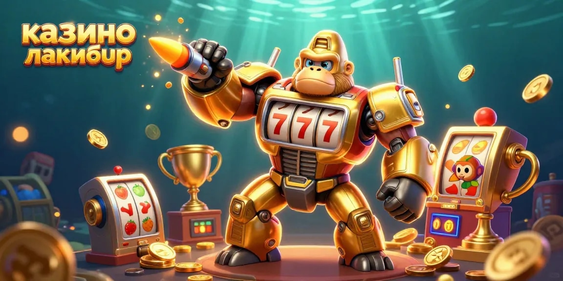 Experience the vibrant казино лакибир scene with a golden gorilla mech and slot symbols in action.
