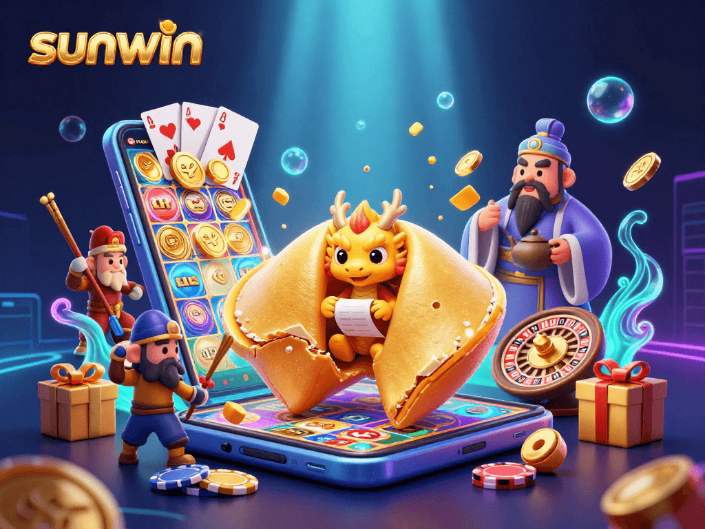 Win big at Sunwin with vibrant golden fortune and interactive gaming elements in this exciting illustration.