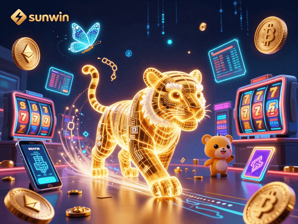Experience excitement at Sunwin with a vibrant digital casino showcasing a golden tiger and crypto elements.