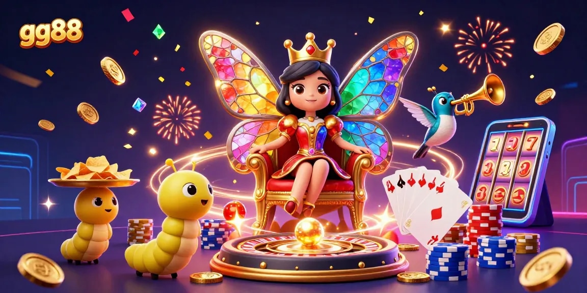 Experience excitement with gg88 casino as golden coins and vibrant games surround a whimsical 3D scene.