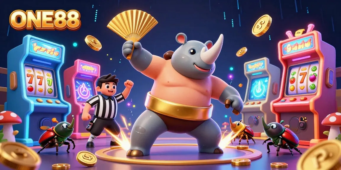 Engage in thrilling gaming action at ONE88 with a vibrant casino atmosphere featuring beetle characters.