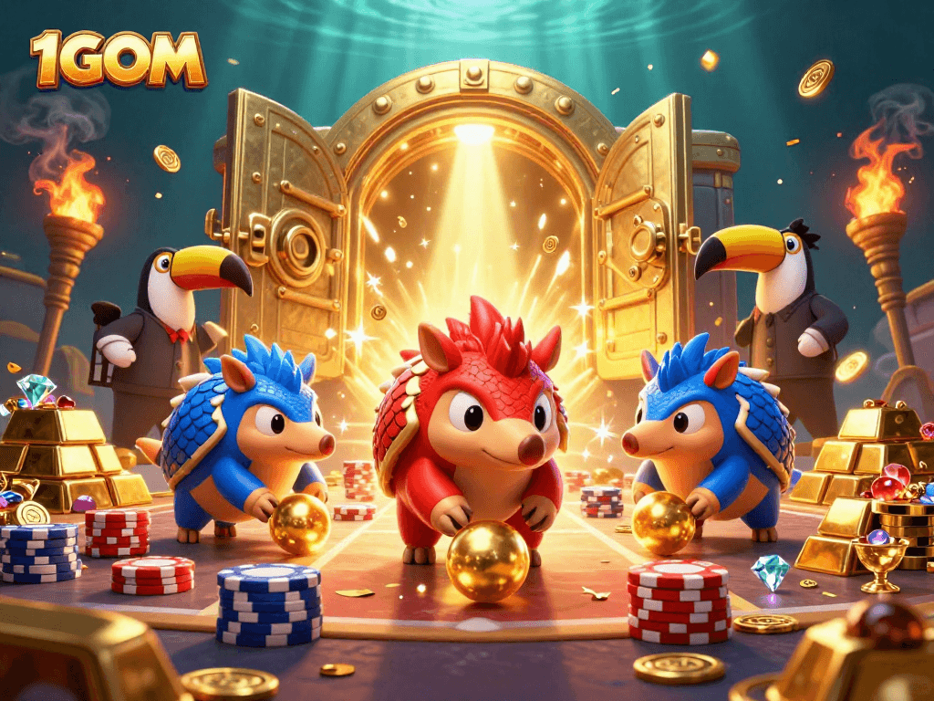 1GOM pangolins compete in a dynamic casino scene, rolling into golden balls amid sparkling chips.