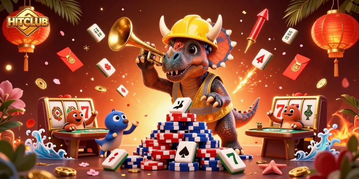 HITCLUB offers a lively casino illustration showcasing dynamic characters celebrating amidst poker chips and various game elements.