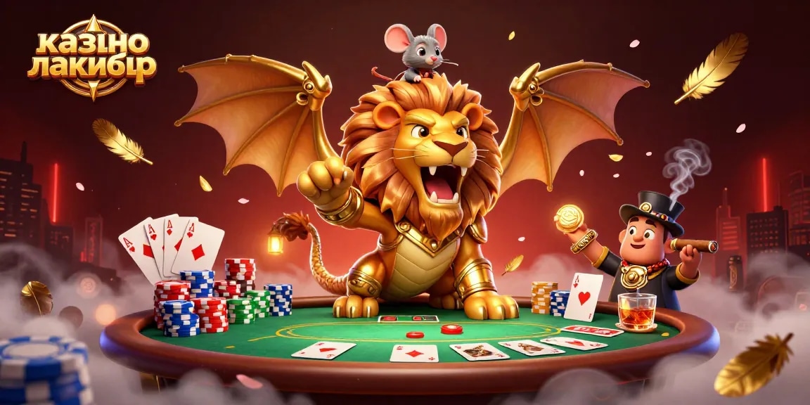 Engage in exciting gaming at казино лакибир with a vibrant poker scene featuring a chimera and mouse jockey.