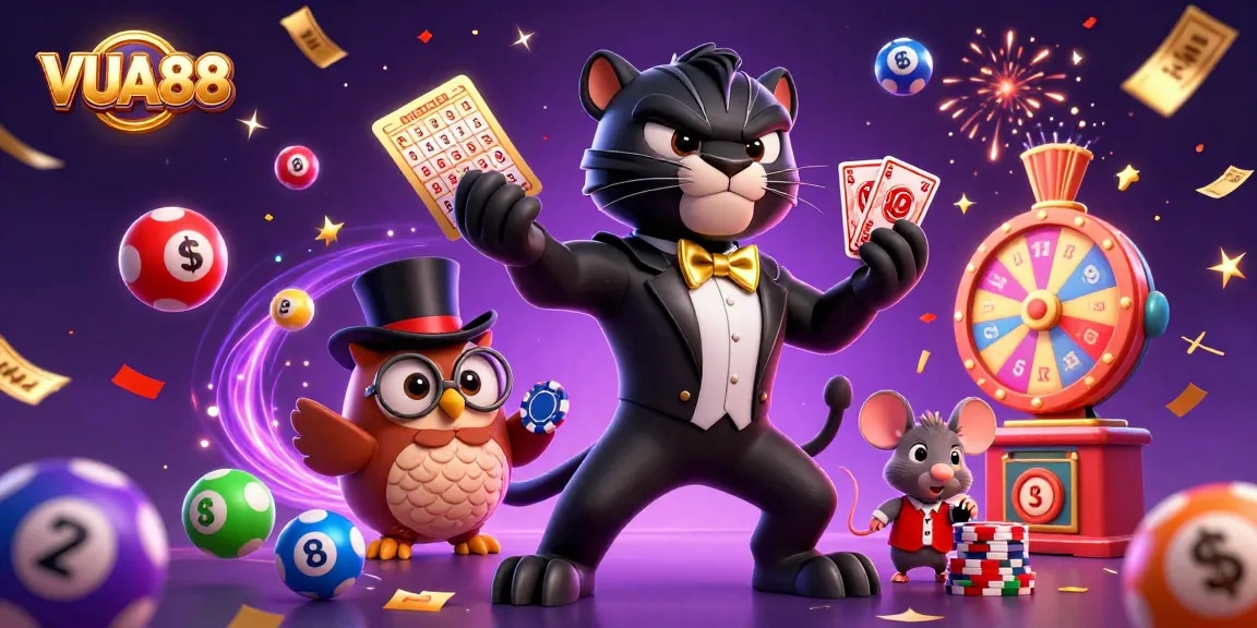 VUA88 showcases lively card games with a stylish panther dealer and colorful gaming elements.
