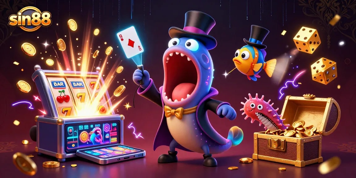 Engage in exciting gameplay at sin88, featuring a 3D cartoon-style jackpot explosion with captivating casino visuals.