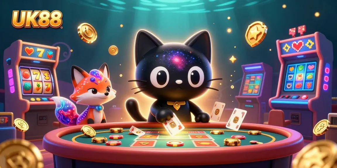 Engage with thrilling UK88 slot adventure featuring a cosmic black hole cat and vibrant gaming elements.
