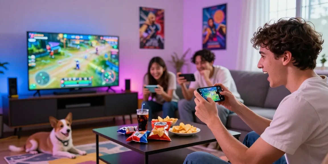 Exciting mobile gaming experience with friends in a colorful living room, featuring rokok 88 gameplay moments.