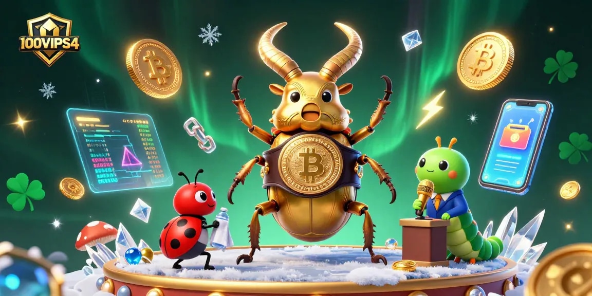 Engage in betting adventures with 100VIPS4 featuring a boxing beetle champion, crypto elements, and fun characters.