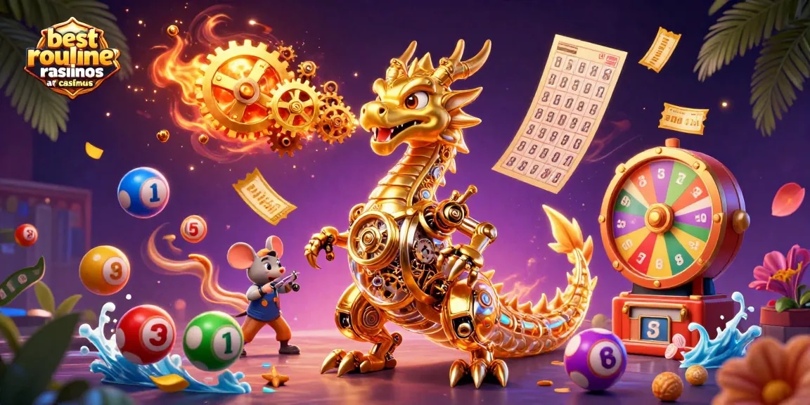 Experience the best online roulette casinos at casinous with a captivating 3D dragon scene featuring vibrant game elements.