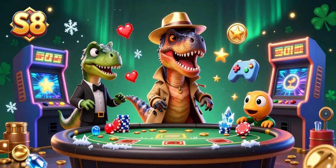 S8 casino scene featuring a discreet velociraptor at a blackjack table with a suspicious stegosaurus pit boss, illustrating high-stakes gaming activity.