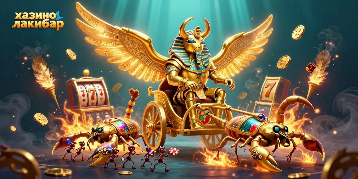 Engage with казино лакибир's thrilling atmosphere featuring a golden scarab beetle amidst slot machines and riches.