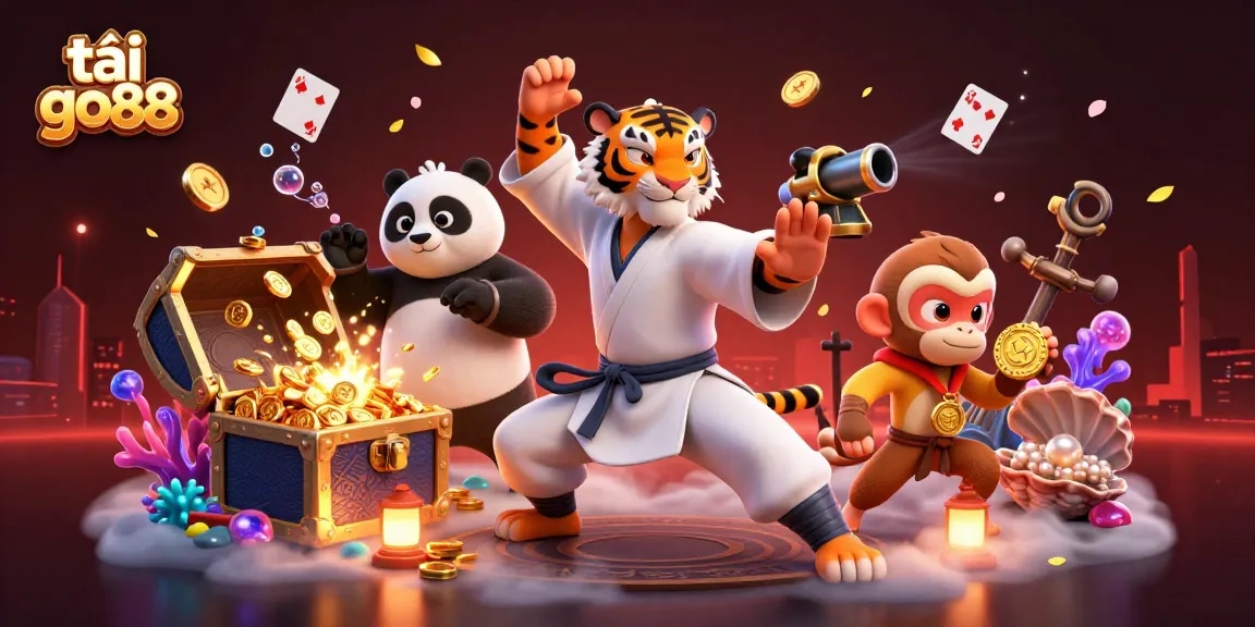Engage in fun with tải go88 while enjoying a vibrant 3D casino illustration featuring a kung fu tiger and friends.