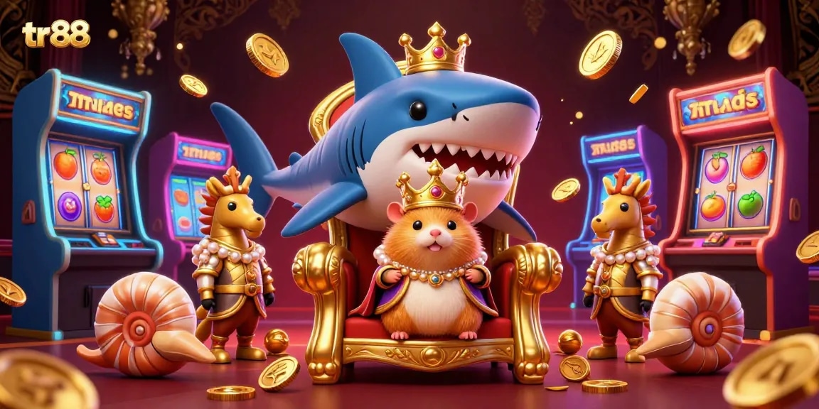 Experience the excitement at tr88 with vibrant slot games, a golden hamster king, and immersive casino visuals.
