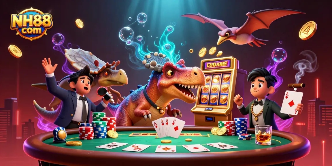 Experience big wins with NH88 com's thrilling casino scene featuring a dinosaur jackpot!