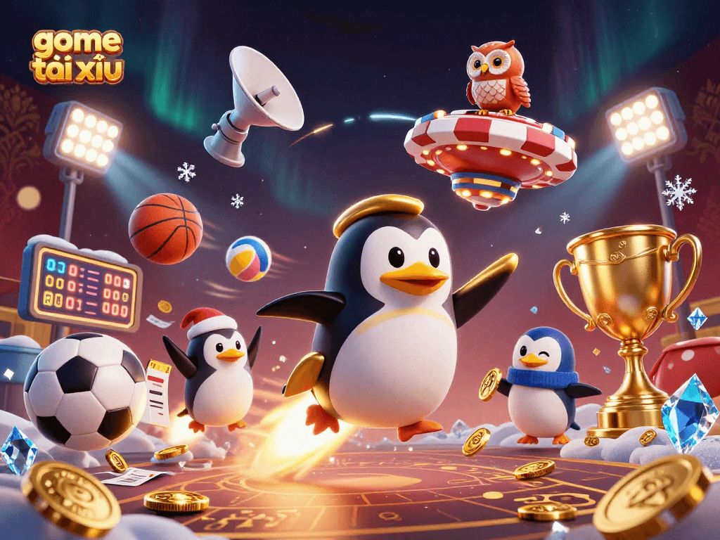 Experience game tài xỉu excitement with dynamic sports elements and golden penguin in a casino-themed illustration.