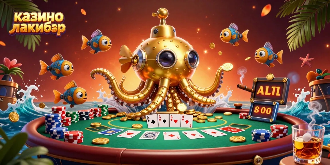 Experience casino thrills with казино лакибир in a vibrant, dynamic 3D scene featuring a kraken and poker elements.