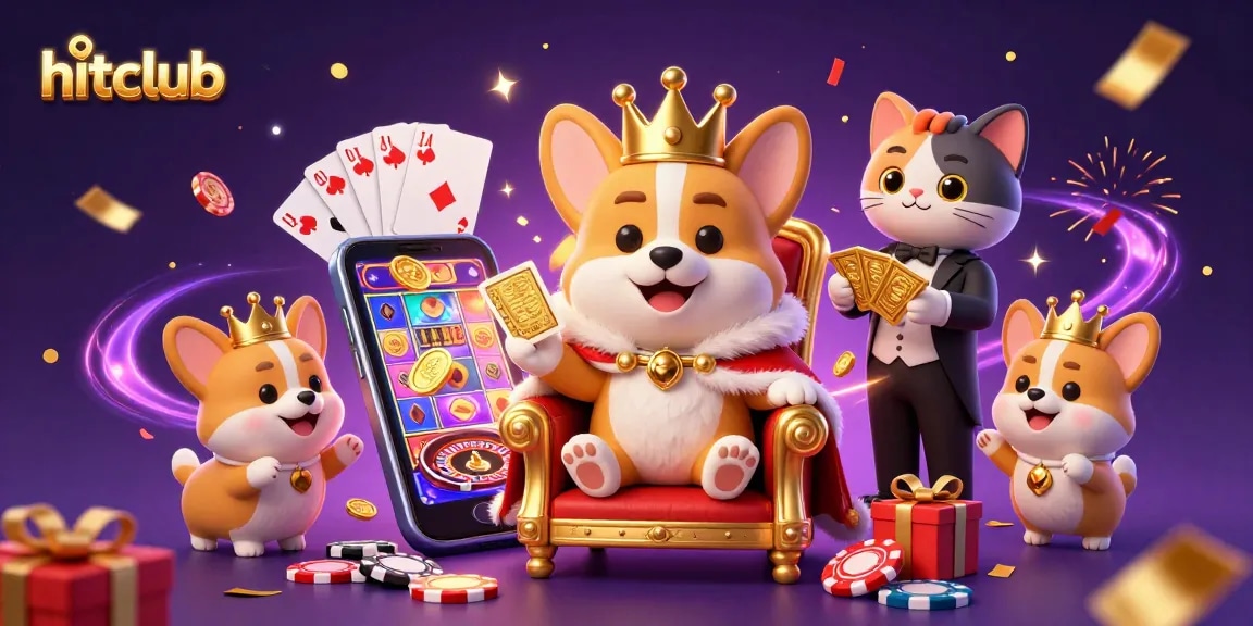 Engage with hitclub's thrilling games featuring slot reels, poker chips, and vibrant celebration elements.