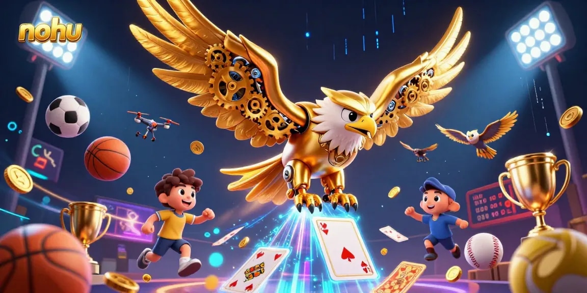 Nohu reveals an immersive 3D illustration of a cybernetic eagle soaring with holographic cards amidst dynamic sports elements.