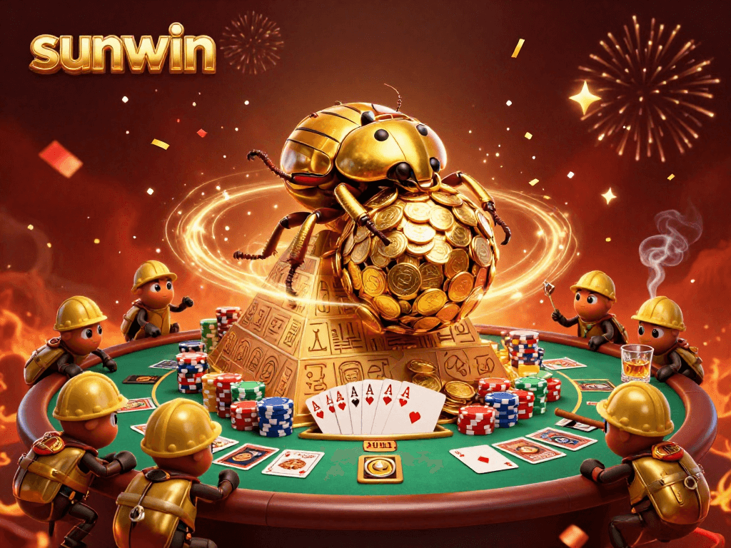Experience exhilarating wins at sunwin with golden beetles rolling coins in a vibrant casino scene.