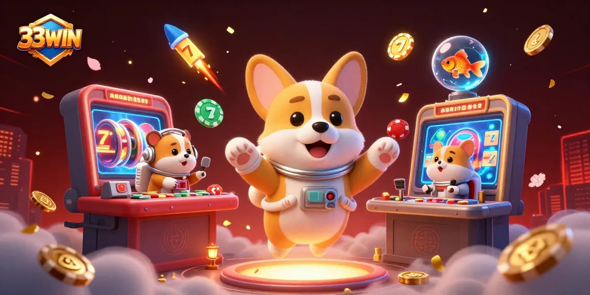 Engage with 33WIN at a vibrant casino space, where a corgi and friends celebrate the thrill of winning.