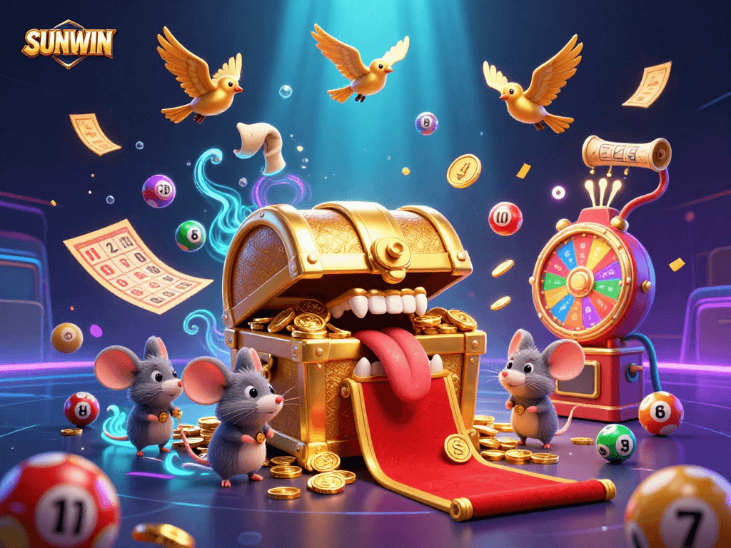 SUNWIN offers vibrant gambling experiences with a treasure chest enticing adventurers amid lottery balls and golden tickets.